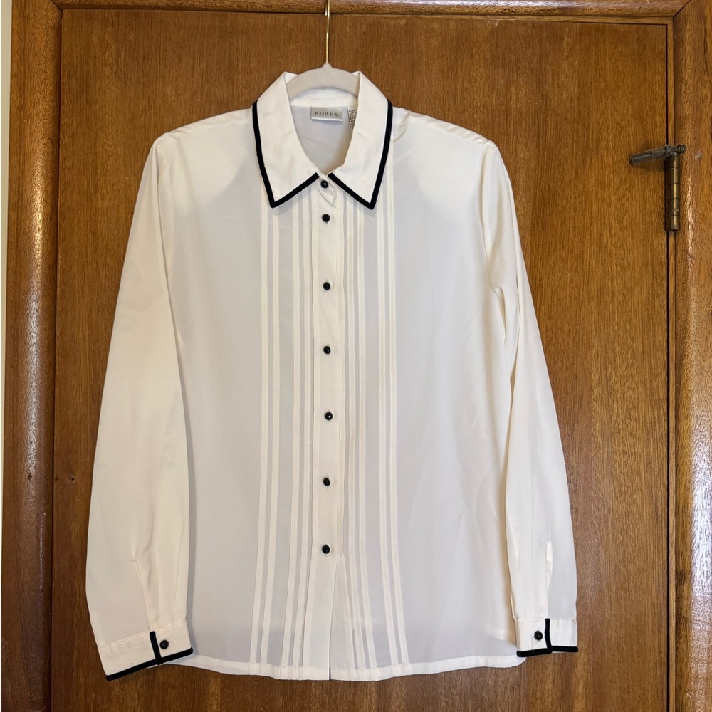 Elegant White Shirt with Black Velour Accents Gem-like Buttons Long Sleeve